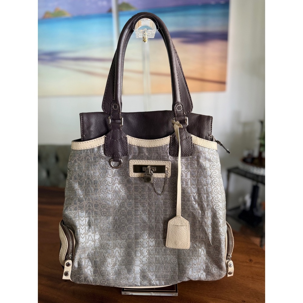 Vintage 2000s Marc by Marc Jacobs Silver Metallic Monogram Large Tote Y2K